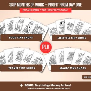 150-Page Little Shops Coloring Book (PLR), Editable Canva Template, Private Label Rights (PLR), Coloring Pages Bundle.