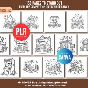 150-Page Little Shops Coloring Book (PLR), Editable Canva Template, Private Label Rights (PLR), Coloring Pages Bundle.
