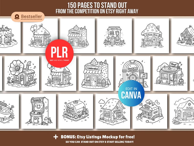 150-Page Little Shops Coloring Book (PLR), Editable Canva Template, Private Label Rights (PLR), Coloring Pages Bundle. - Image 6