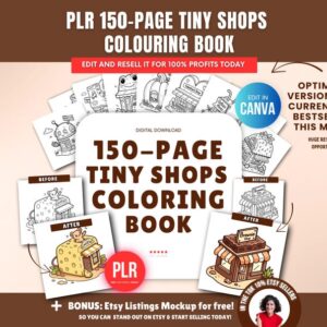 150-Page Little Shops Coloring Book (PLR), Editable Canva Template, Private Label Rights (PLR), Coloring Pages Bundle.