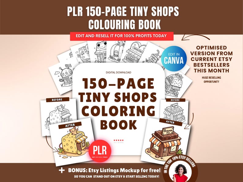 150-Page Little Shops Coloring Book (PLR), Editable Canva Template, Private Label Rights (PLR), Coloring Pages Bundle.