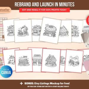 150-Page Little Shops Coloring Book (PLR), Editable Canva Template, Private Label Rights (PLR), Coloring Pages Bundle.