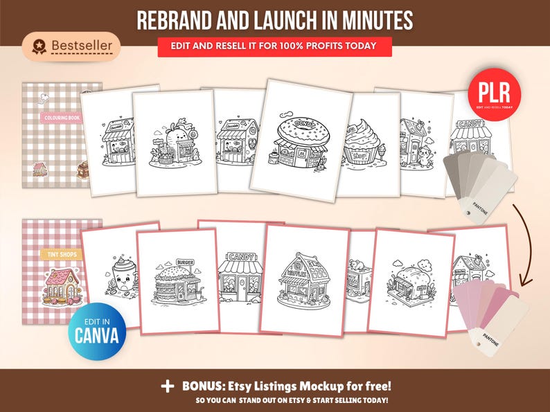 150-Page Little Shops Coloring Book (PLR), Editable Canva Template, Private Label Rights (PLR), Coloring Pages Bundle. - Image 7