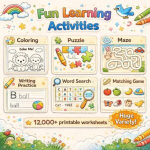 12K+ Kids Printable Worksheets | Preschool Activity Pages | Coloring, Maze, Matching, Word Search, Writing Practice