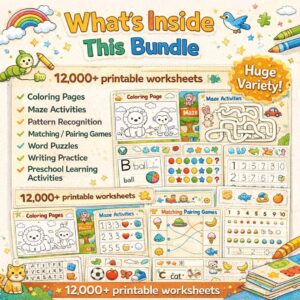 12K+ Kids Printable Worksheets | Preschool Activity Pages | Coloring, Maze, Matching, Word Search, Writing Practice