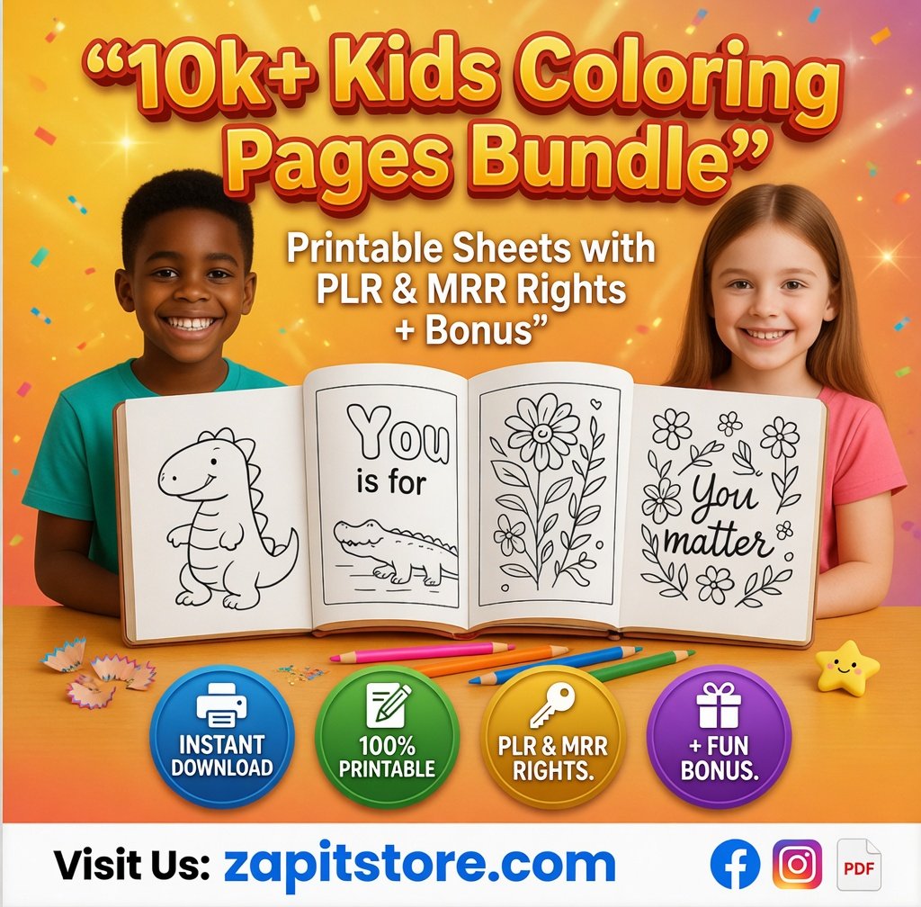 10k+ Kids Coloring Pages Bundle | Printable Sheets with PLR & MRR Rights + Bonus