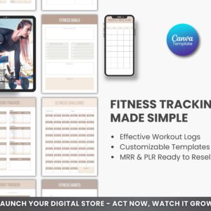 Ultimate Fitness Planner Bundle PLR & MRR – Editable Canva Workout Planner, Meal Planner, Weight Loss Tracker, Gym Log Book for Resell