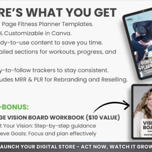 Ultimate Fitness Planner Bundle PLR & MRR – Editable Canva Workout Planner, Meal Planner, Weight Loss Tracker, Gym Log Book for Resell